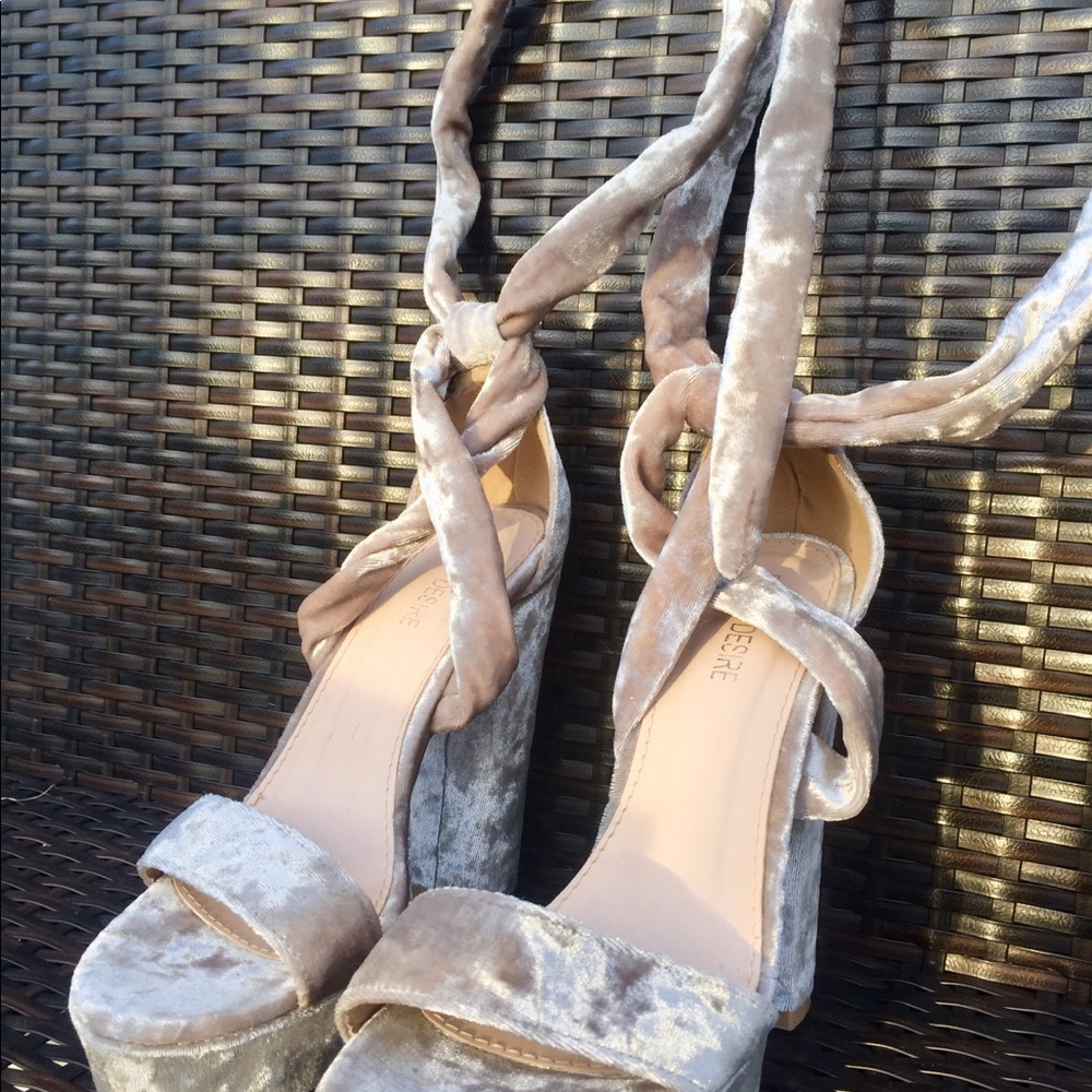 Champagne velvet lace up heels